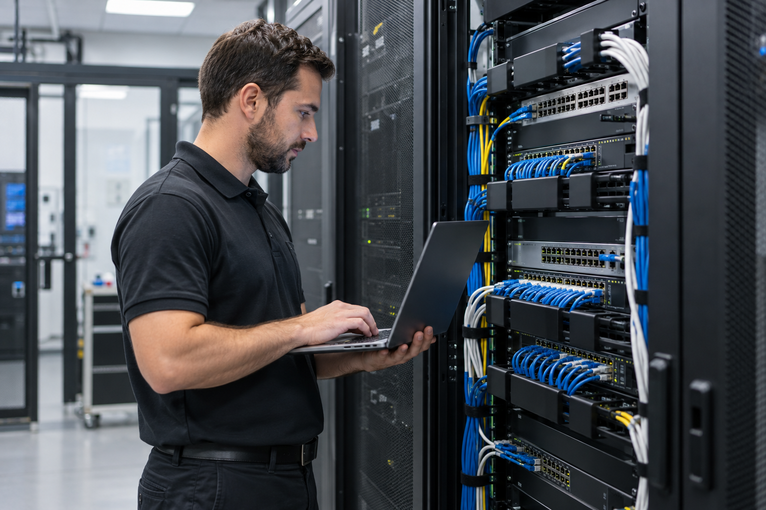 Network technician checking switches and cabling in a server room